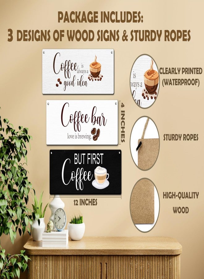 Zmyollo Coffee Bar Wall Decor Sign, 3 Pieces Rustice Coffee Wooden Sign With Rope, But First Coffee Wall Art Decor For Farmhouse Home Kitchen Dining Room Cafe Coffee Bar Coffee Station, B30 - Image 2
